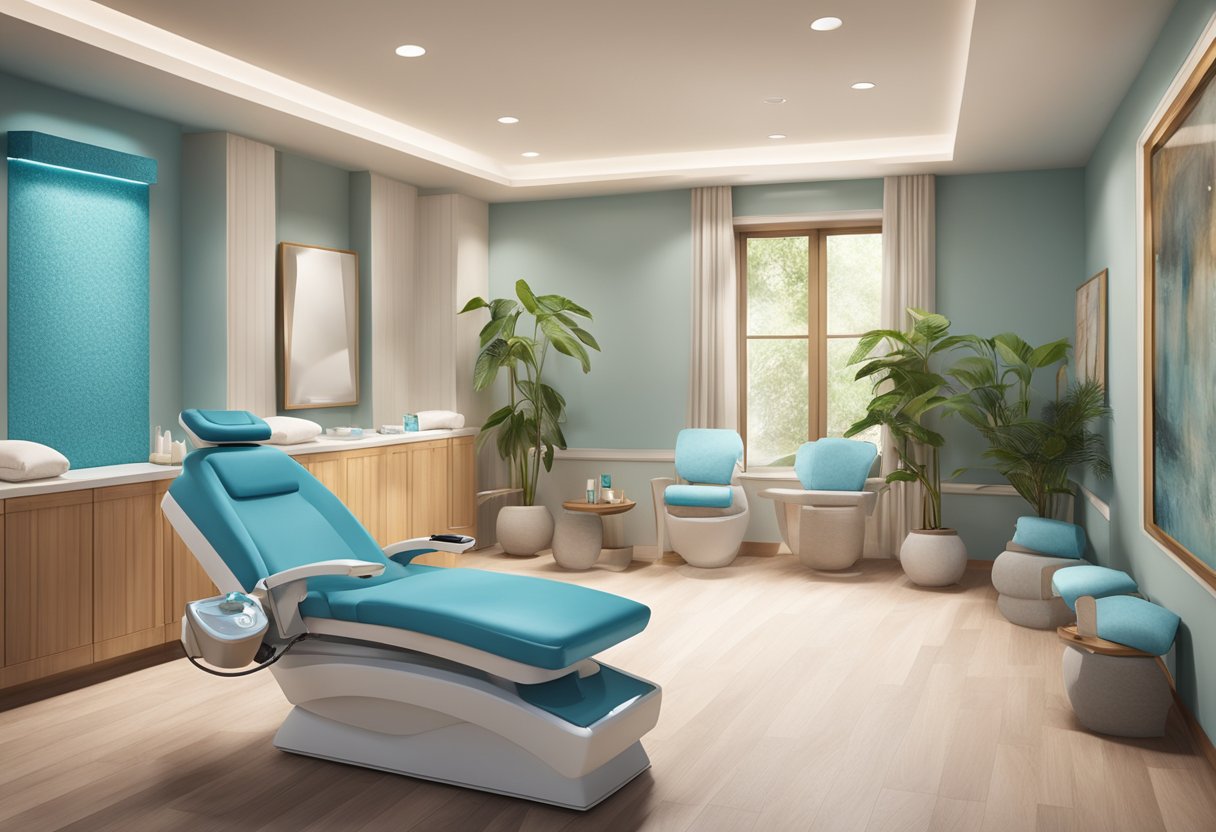 A serene spa room with a comfortable treatment chair, a HydraFacial machine, and a relaxing ambiance