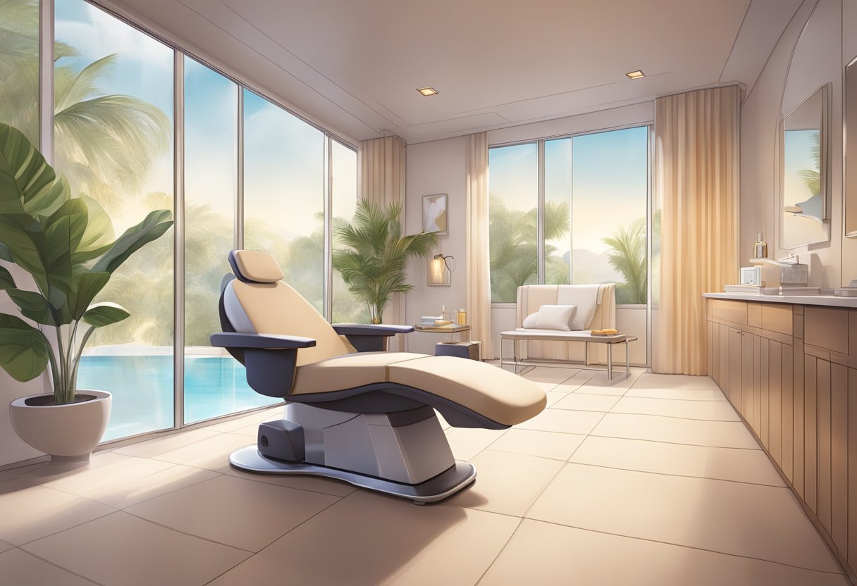 A serene spa room with a comfortable treatment chair, soft lighting, and a professional skincare machine