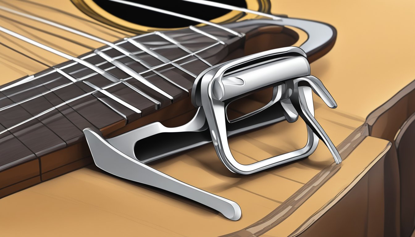 A guitar capo placed on the neck of a guitar, pressing down on the strings to change the pitch of the instrument