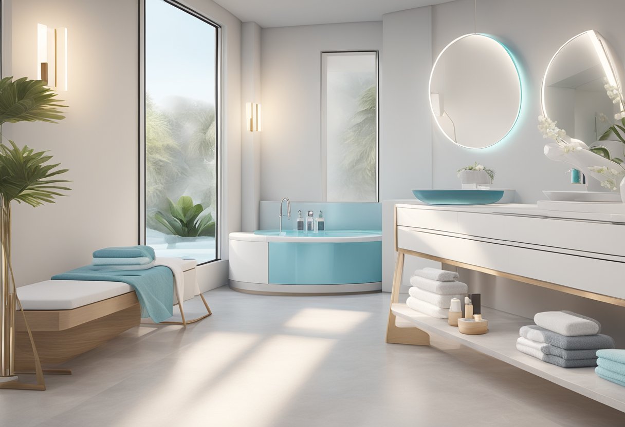 A serene spa environment with a HydraFacial machine and post-treatment skincare products arranged neatly on a clean, white countertop. Gentle lighting and a calming color palette create a soothing atmosphere