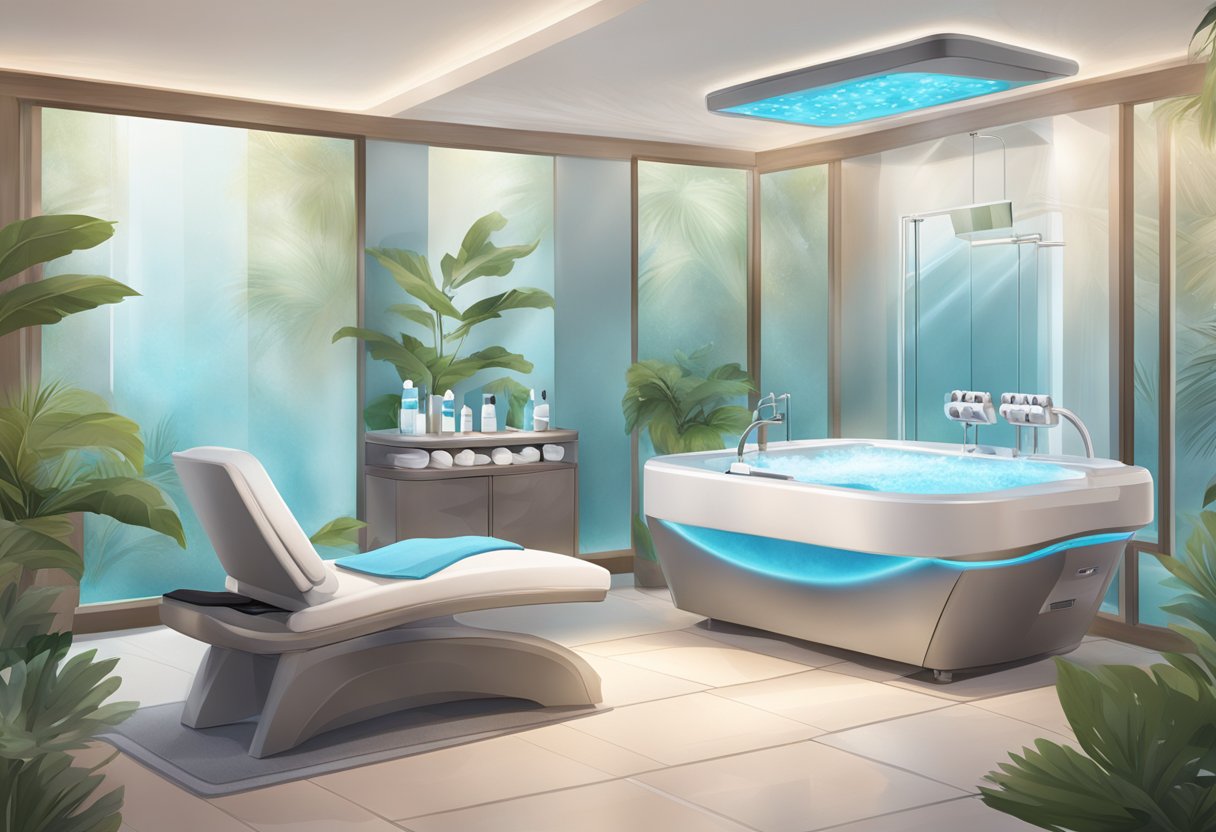 A serene spa setting with a HydraFacial machine, skincare products, and a serene atmosphere