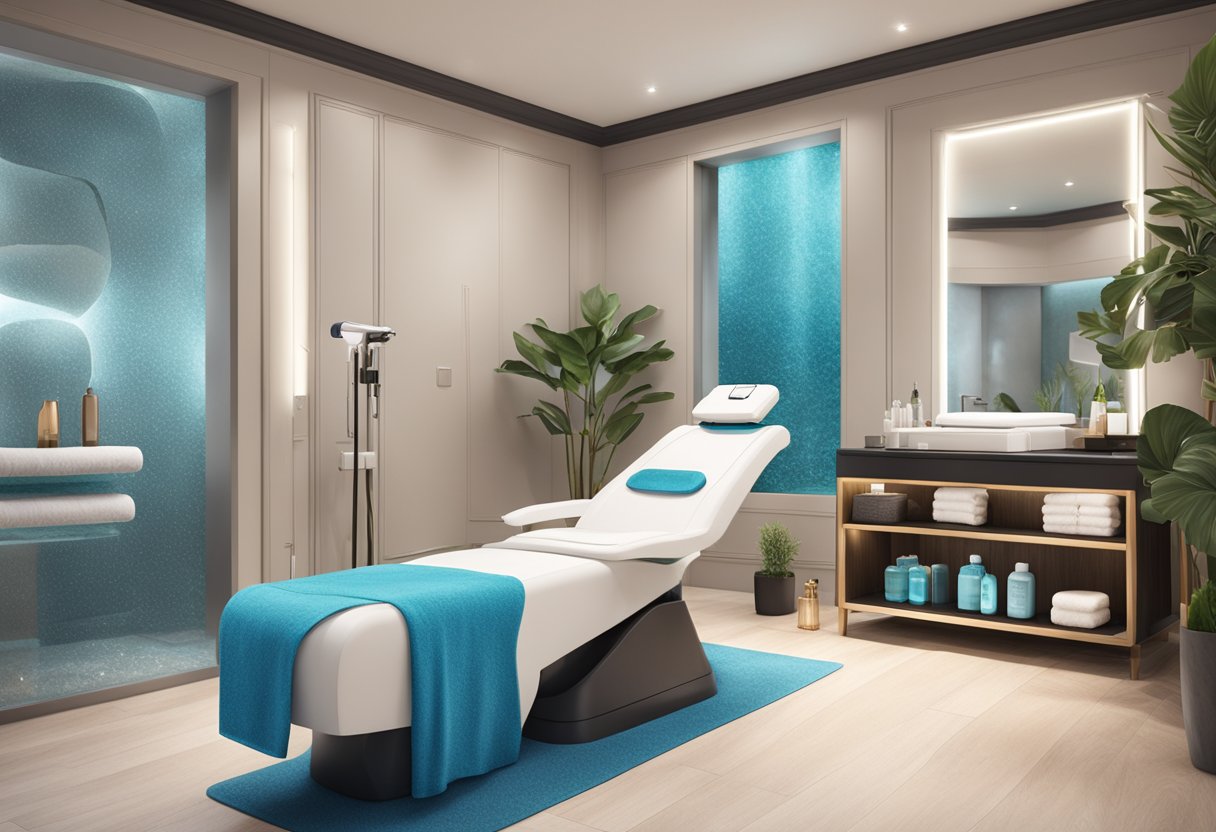 A serene spa setting with a HydraFacial machine surrounded by luxurious skincare products and a tranquil atmosphere