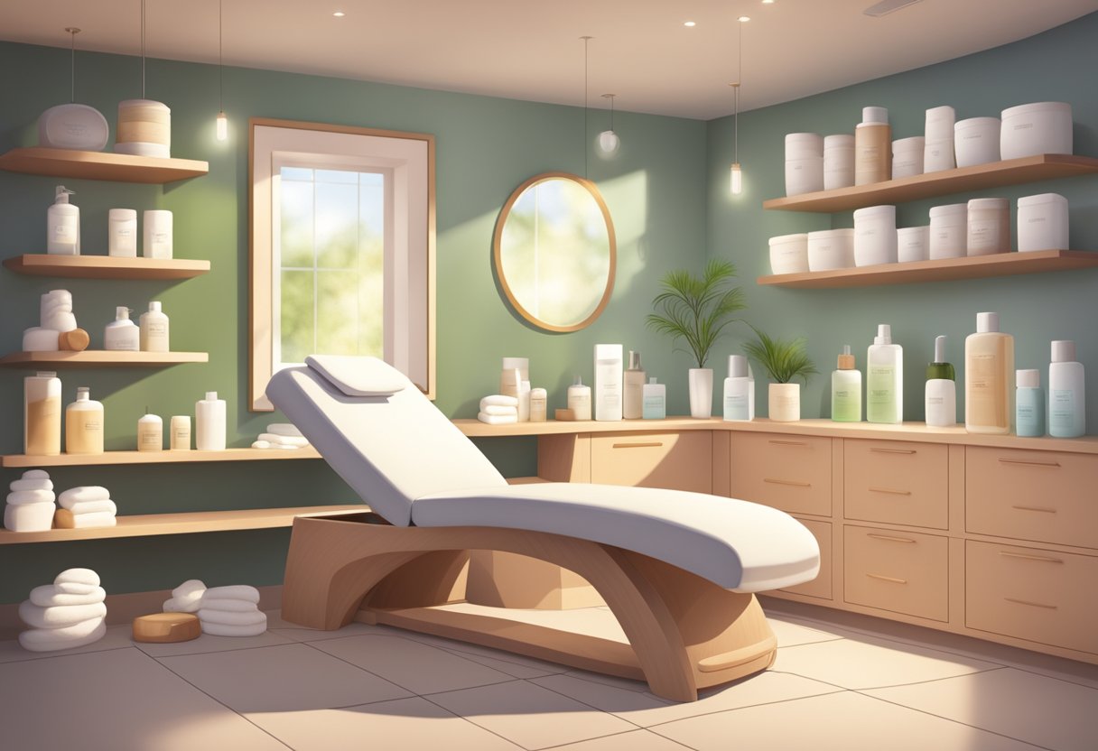 A serene spa room with a comfortable treatment chair, soft lighting, and shelves of skincare products. A serene atmosphere with a focus on relaxation and rejuvenation