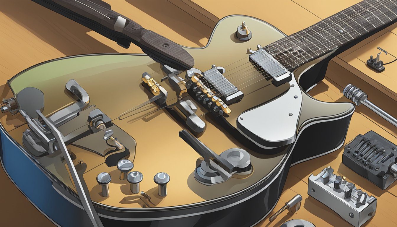 A guitar resting on a workbench, with a tuning wrench adjusting the pegs while a tuner sits nearby