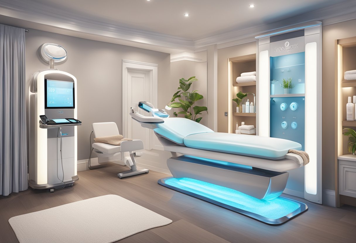 A serene spa room with a HydraFacial machine alongside other skincare equipment, such as a microdermabrasion device and LED light therapy panel