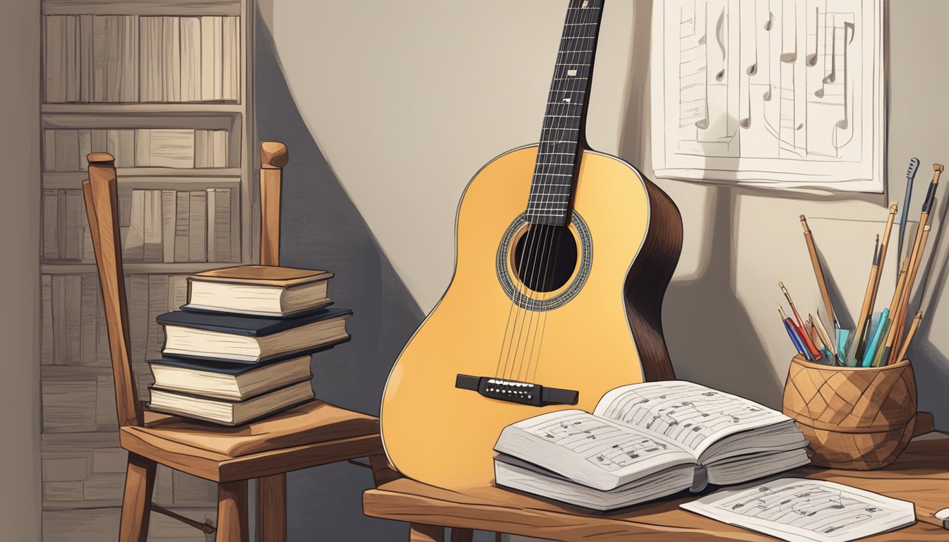 A guitar lying on a wooden chair, surrounded by music sheets and a metronome, with a book on guitar techniques open nearby