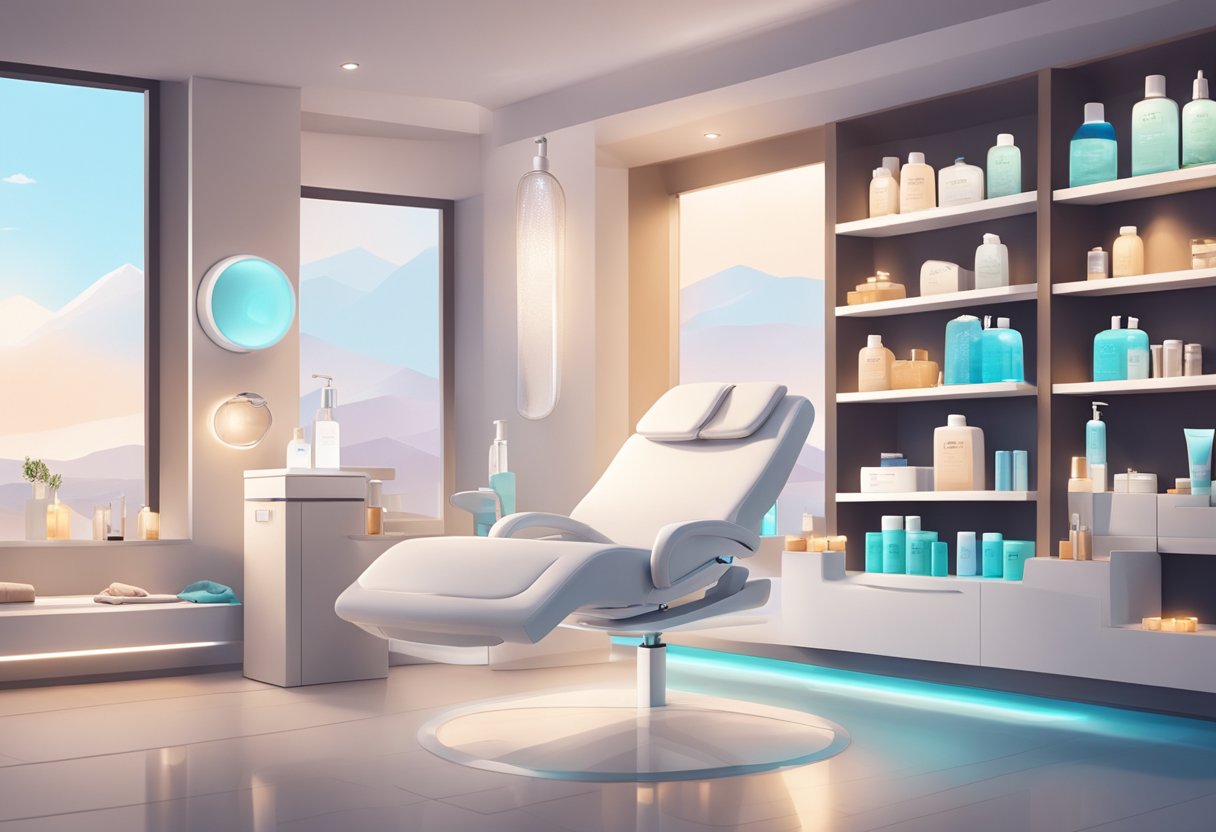 A serene spa room with a reclining treatment chair, soft lighting, and a HydraFacial machine next to shelves of skincare products