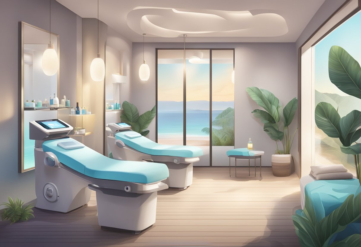 A serene spa room with various skincare machines and products, including a HydraFacial device. Soft lighting and calming decor create a peaceful atmosphere