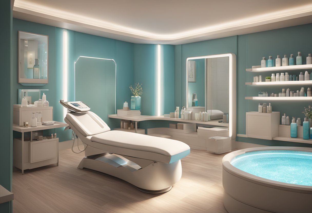 A serene spa room with a HydraFacial machine surrounded by various skincare products and tools. Soft lighting and calming decor create a peaceful atmosphere