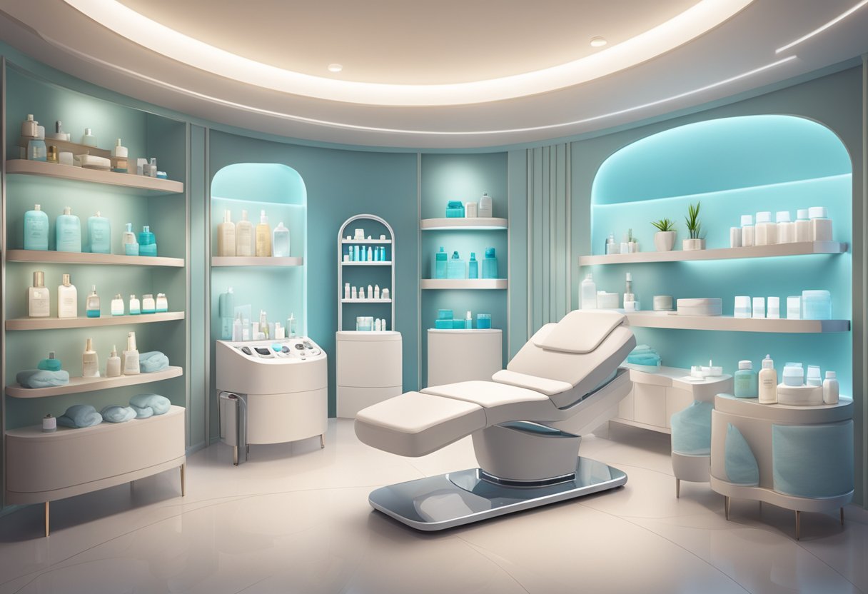 A serene spa room with a HydraFacial machine surrounded by shelves of skincare products and a comfortable treatment chair