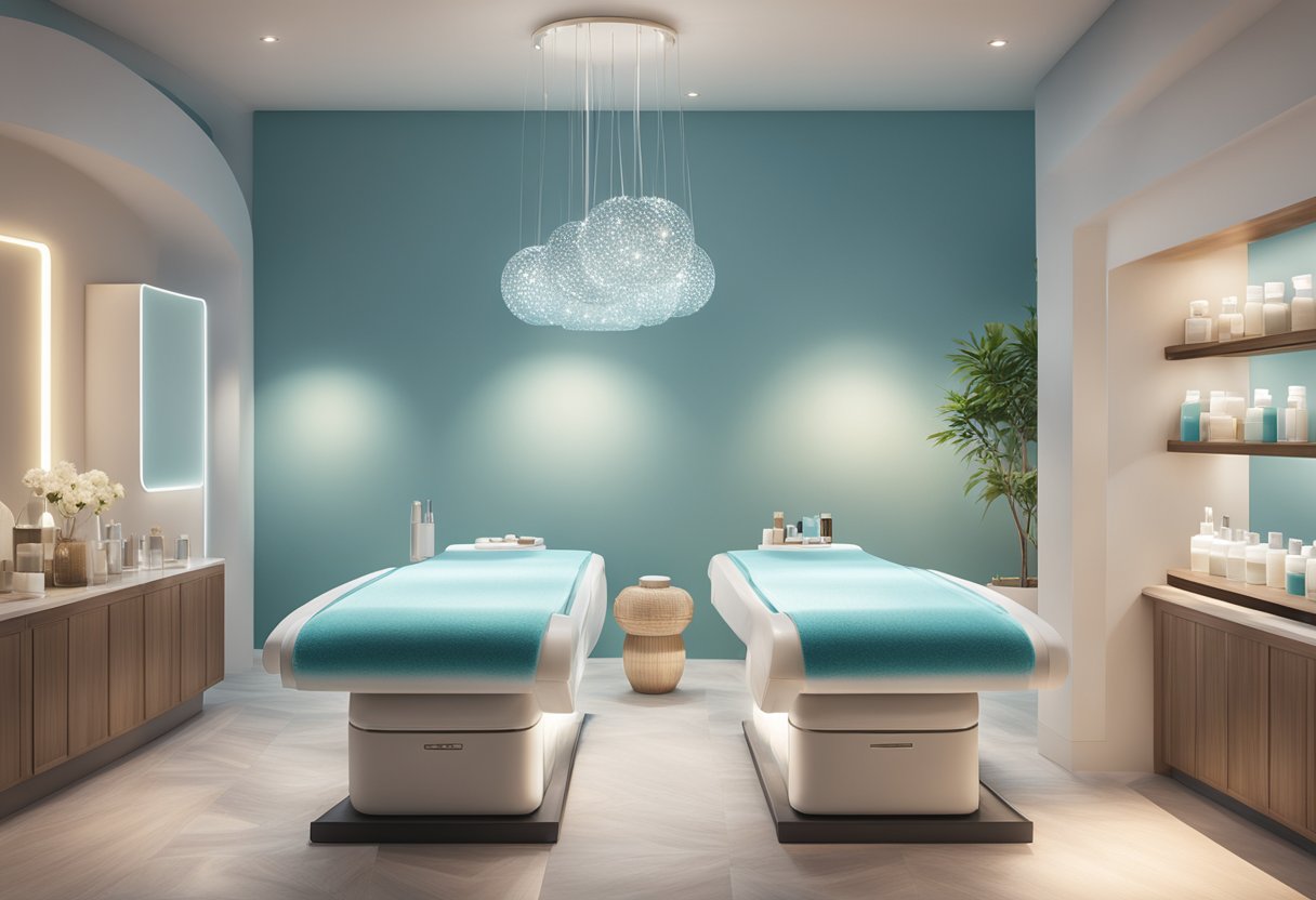 A serene spa setting with a table holding skincare products next to a HydraFacial machine, surrounded by soft lighting and tranquil decor