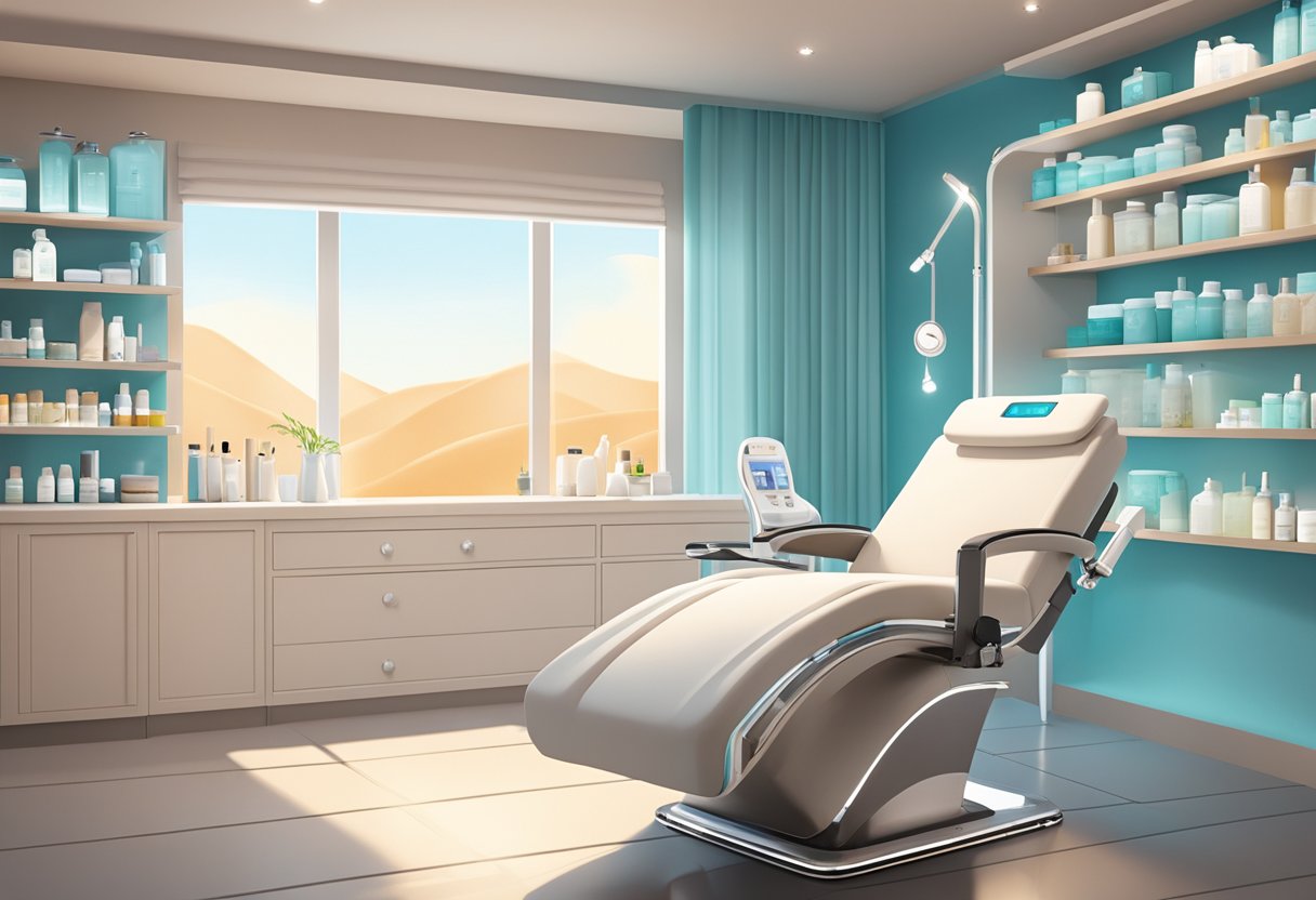 A serene spa room with a reclined treatment chair, soft lighting, and shelves of skincare products. A HydraFacial machine sits ready for use