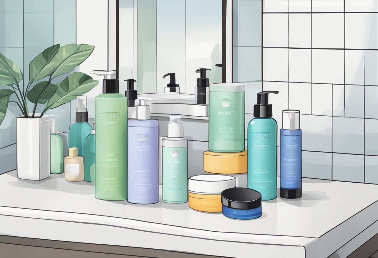 A serene bathroom counter with a lineup of skincare products, including cleanser, moisturizer, and sunscreen, neatly arranged next to a fresh towel and a glass of water