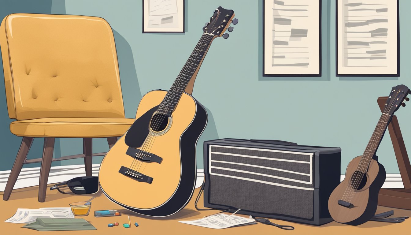 A guitar resting on a stand, surrounded by music sheets and a tuner, with a chair nearby for a beginner to sit and practice