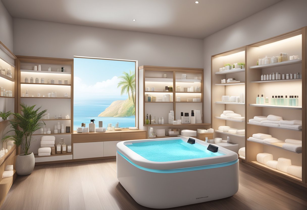 A serene spa setting with shelves of skincare products, a HydraFacial machine, and a calming atmosphere