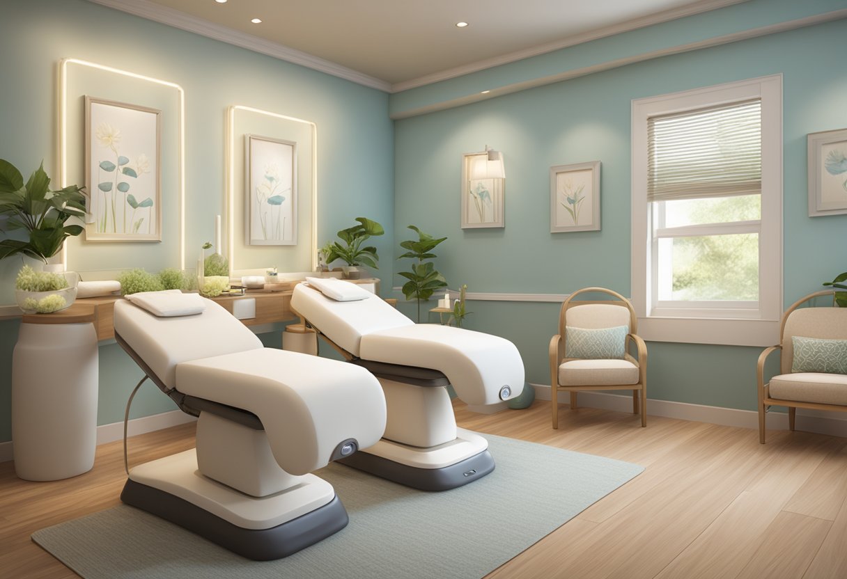 A serene spa room with two treatment chairs, one labeled "HydraFacial" and the other "Monthly Facials." Soft lighting and calming decor create a tranquil ambiance