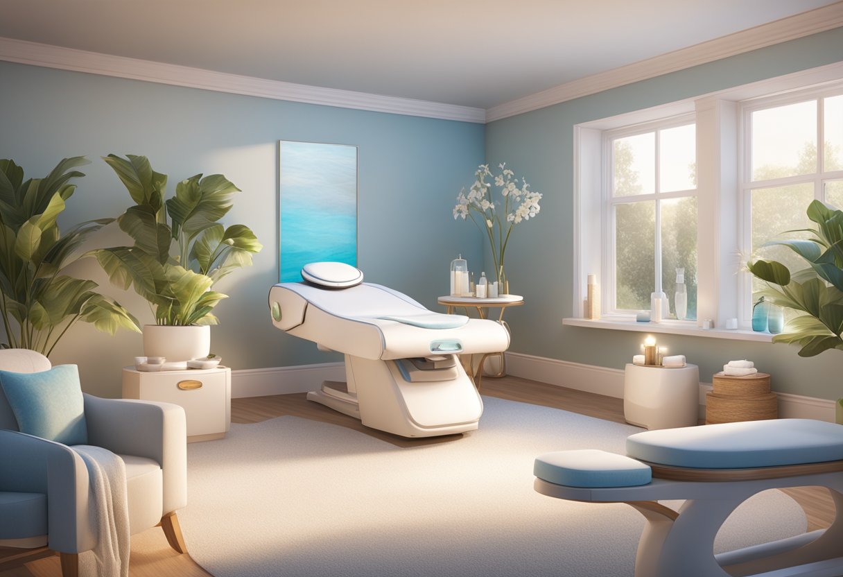 A serene spa room with a HydraFacial machine next to a traditional facial setup. Soft lighting and calming decor create a peaceful atmosphere