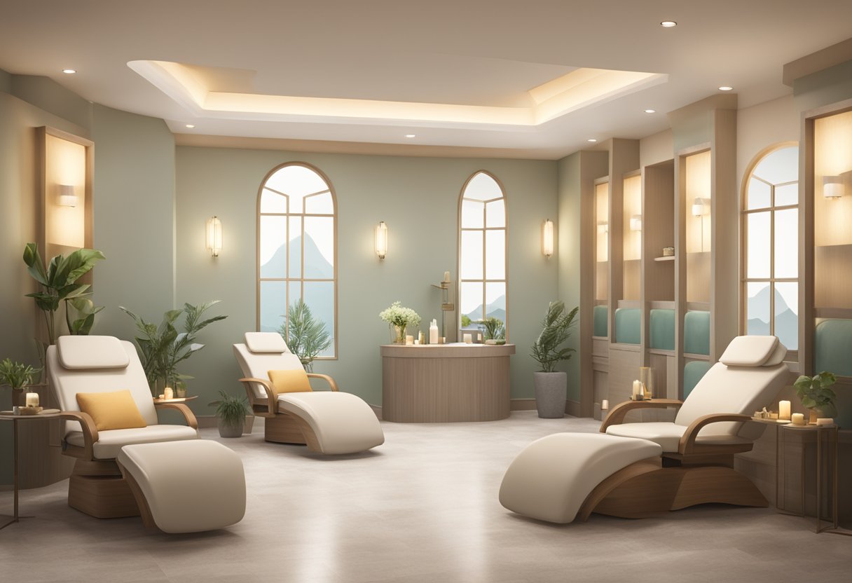 A serene spa room with two treatment chairs, one for traditional facials and one for HydraFacials. Soft lighting and soothing decor create a tranquil atmosphere