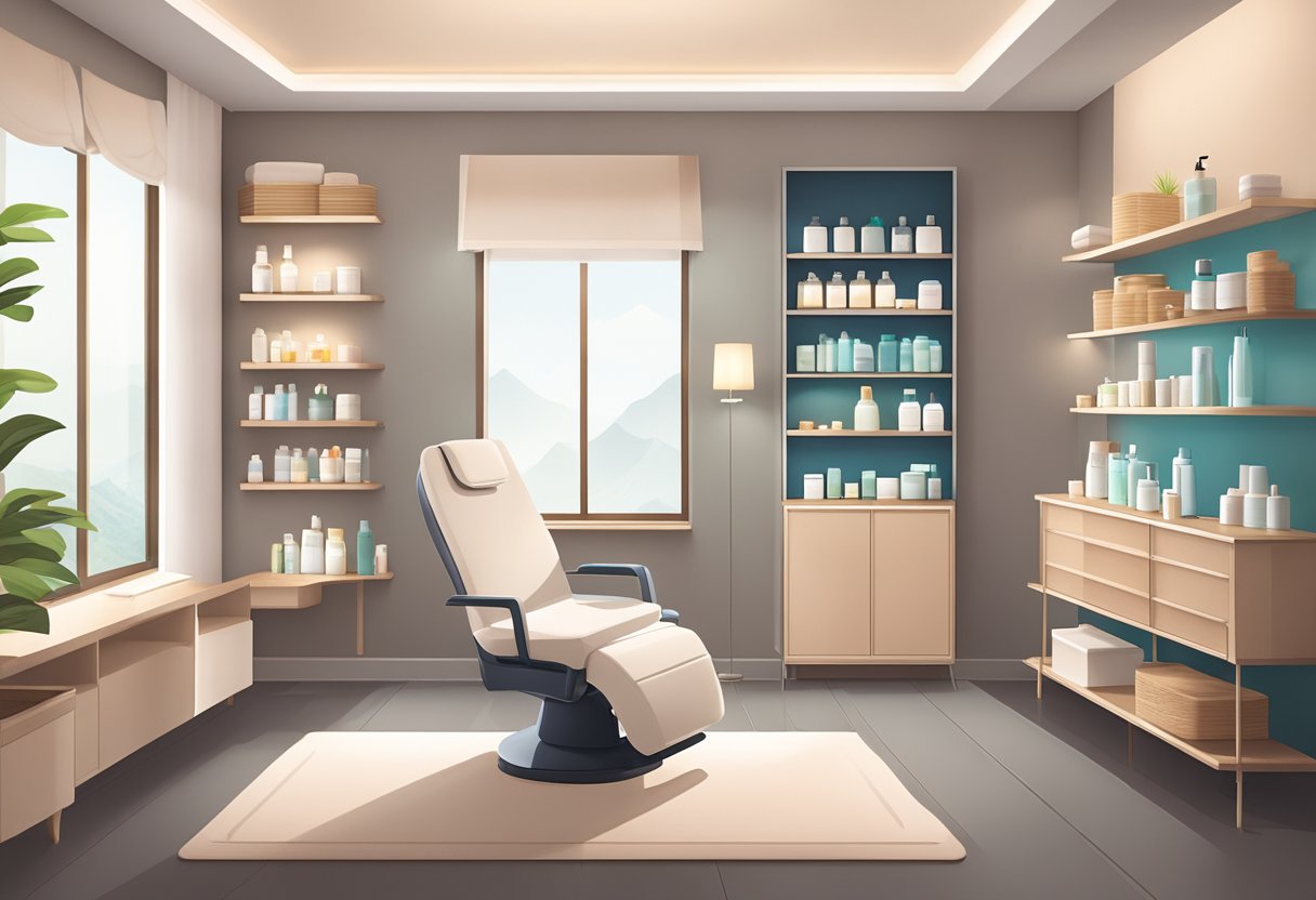 A serene spa setting with a clean, modern treatment room featuring a reclining chair, soft lighting, and shelves stocked with skincare products