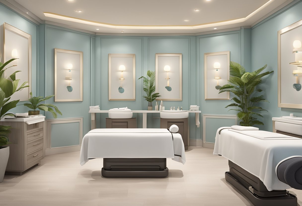 A serene spa environment with two treatment rooms, one showcasing a HydraFacial machine and the other featuring a traditional facial setup. The rooms are decorated with calming colors and soft lighting