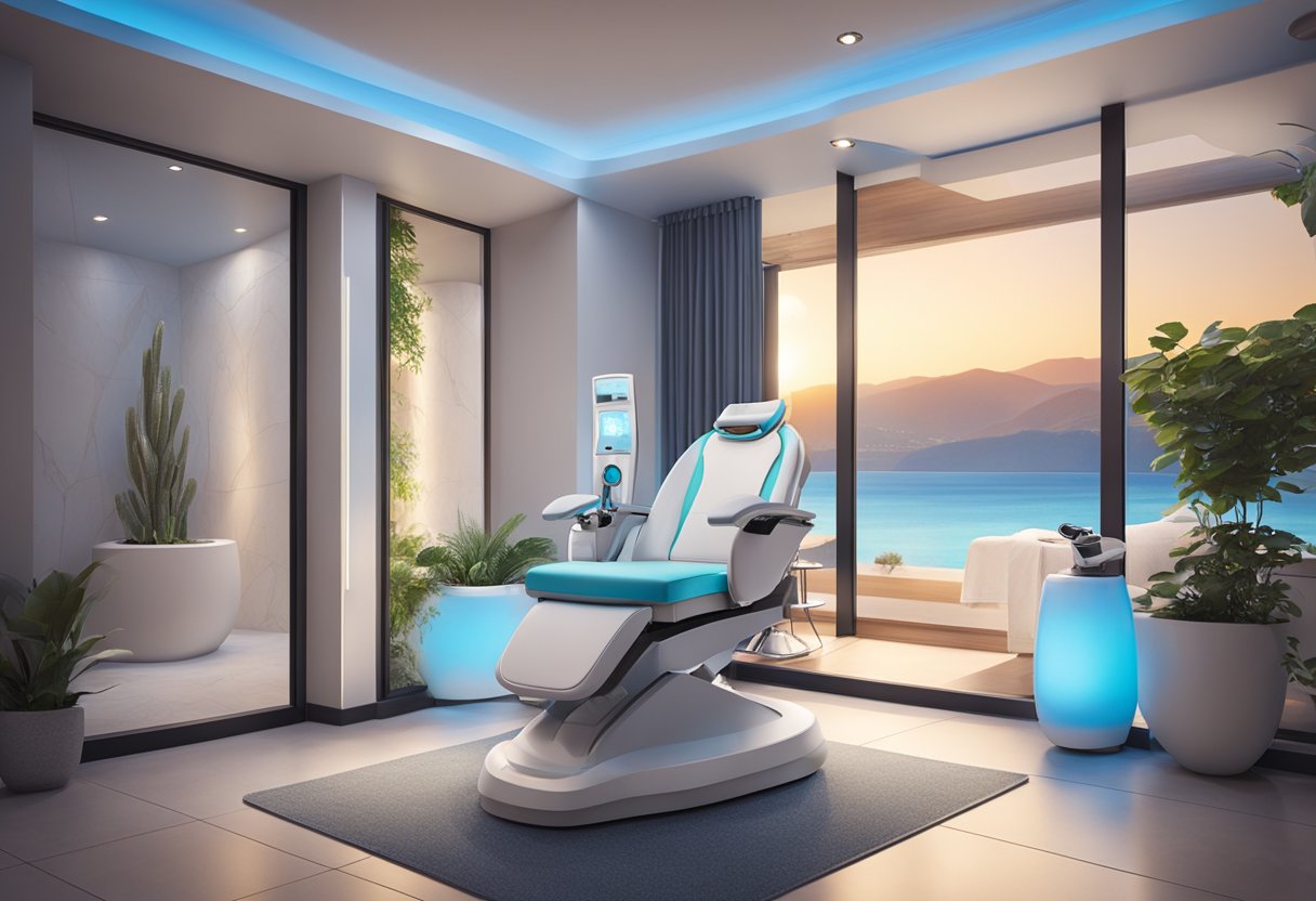 A serene spa room with a comfortable treatment chair, soft ambient lighting, and a sleek HydraFacial machine ready for use