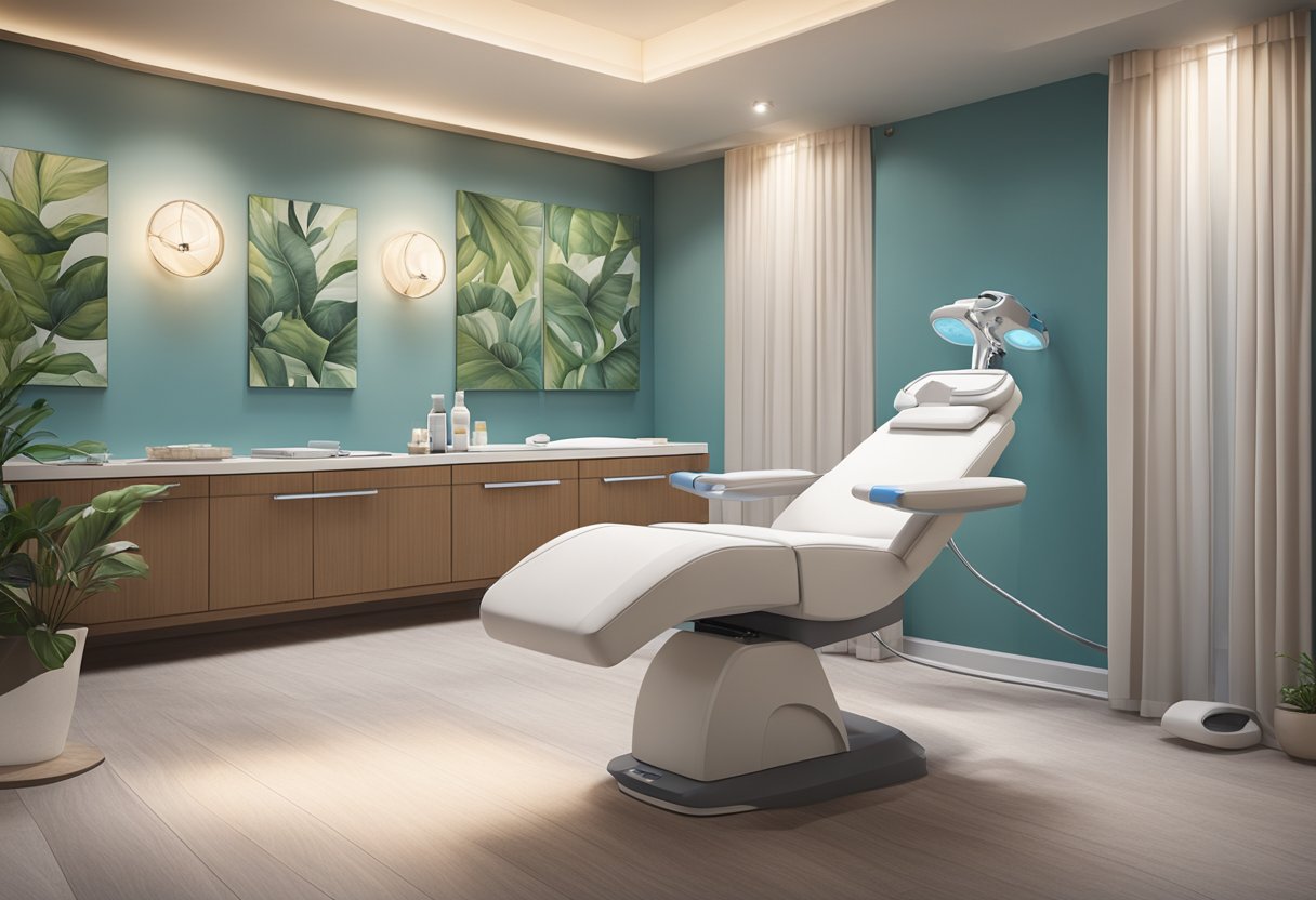 A serene spa room with a comfortable treatment chair, soft lighting, and a HydraFacial machine ready for use