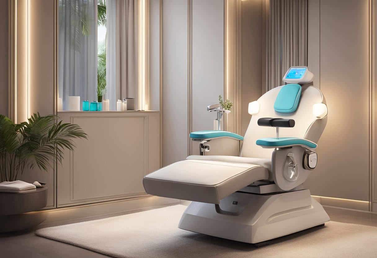 A serene spa room with a comfortable treatment chair, soft lighting, and a luxurious HydraFacial machine ready for use