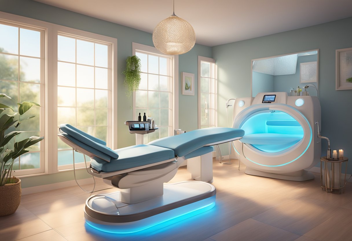 A serene spa room with a comfortable treatment chair, soft lighting, and a HydraFacial machine ready for use