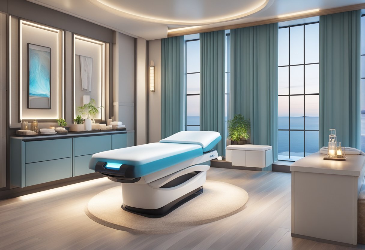 A serene spa room with a comfortable treatment bed, soft lighting, and a sleek HydraFacial machine ready for use