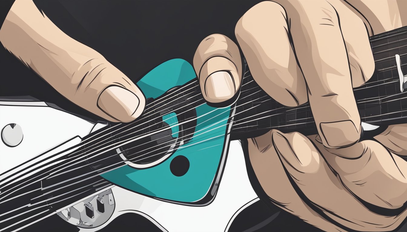 A person's hand holding a guitar pick, hovering over the strings of a guitar, ready to strum and play