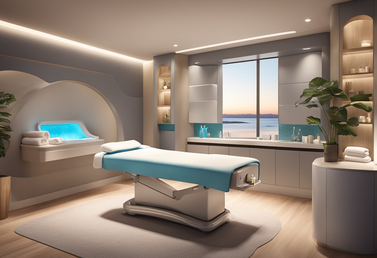 A serene spa room with a comfortable treatment bed, soft lighting, and a professional skincare station with HydraFacial products