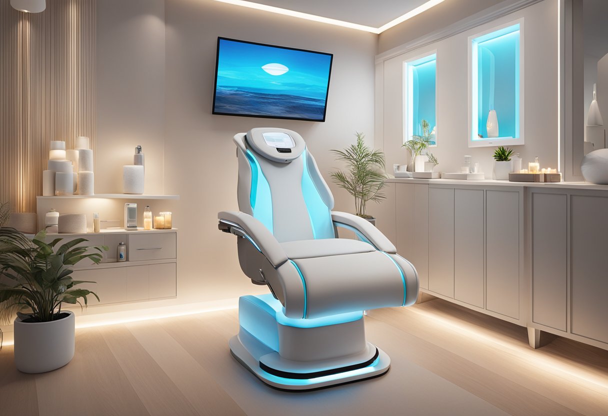 A serene spa room with soft lighting, a comfortable treatment chair, and a table displaying HydraFacial products for prolonging the glow