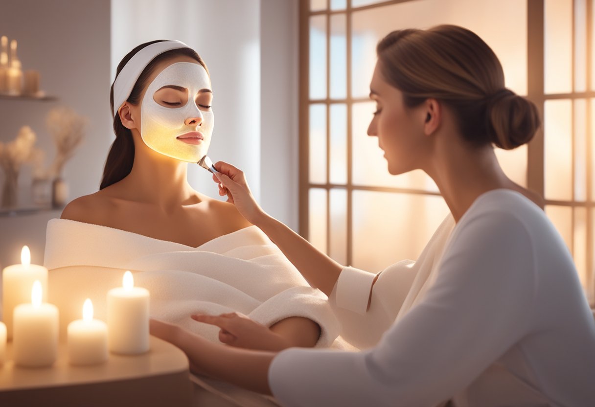 A serene spa setting with a glowing facial mask being applied by a professional aesthetician. Soft lighting and tranquil ambiance enhance the post-HydraFacial experience