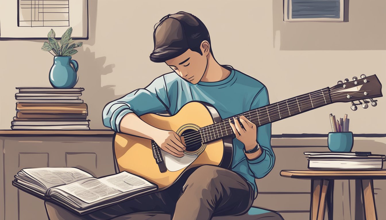 A person sitting with a guitar, fingers positioned on the fretboard, while a beginner's guide book lies open nearby