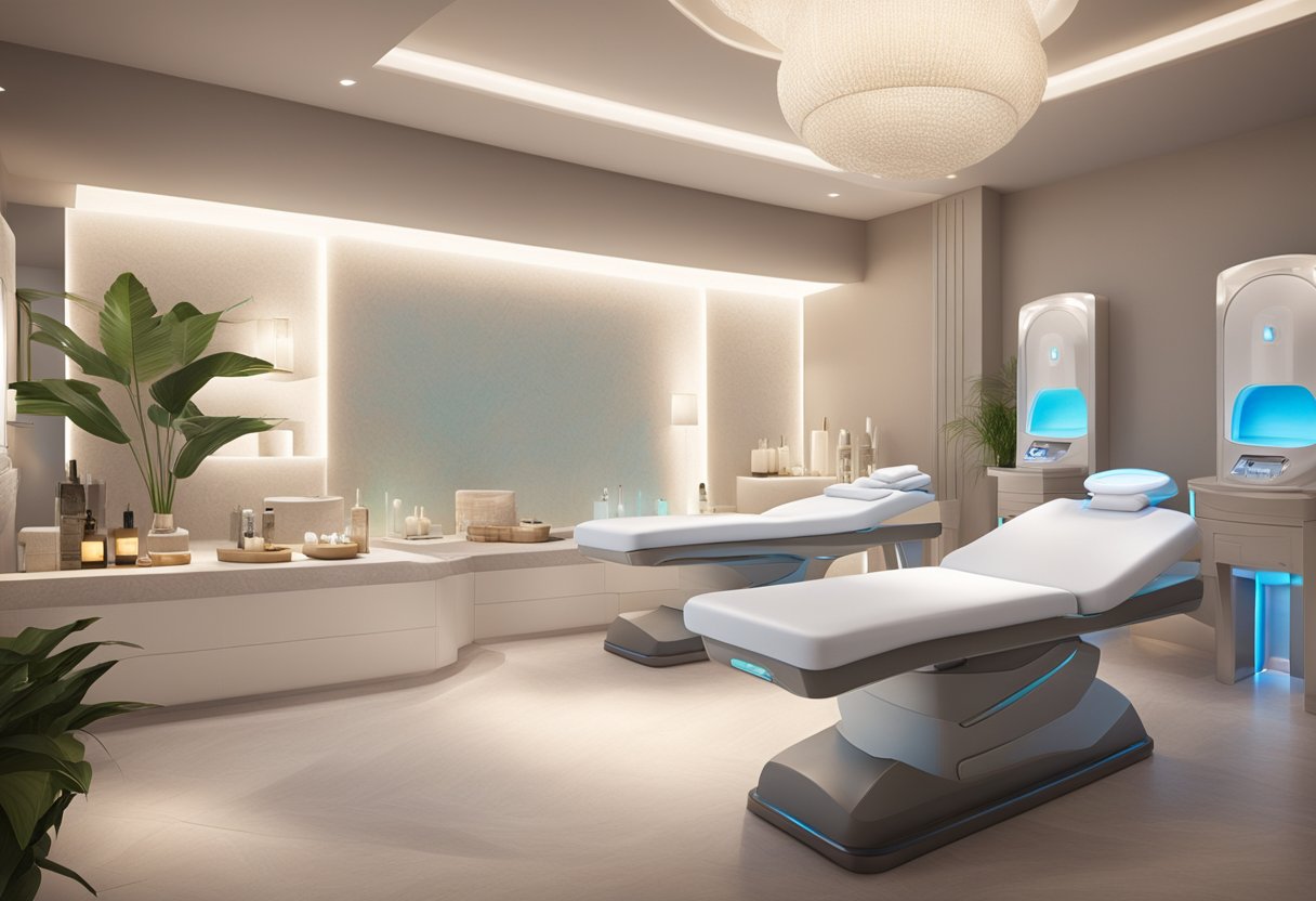 A serene spa room with a luxurious treatment bed, soft lighting, and a serene atmosphere. A HydraFacial machine is prominently featured, surrounded by skincare products and tools