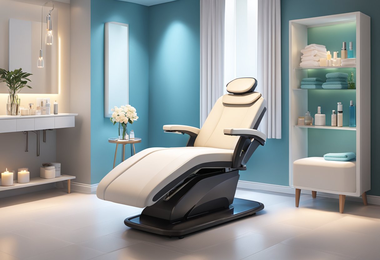 A serene spa room with a reclining chair, soft lighting, and a HydraFacial machine. Aesthetic products and tools are neatly arranged on a nearby table