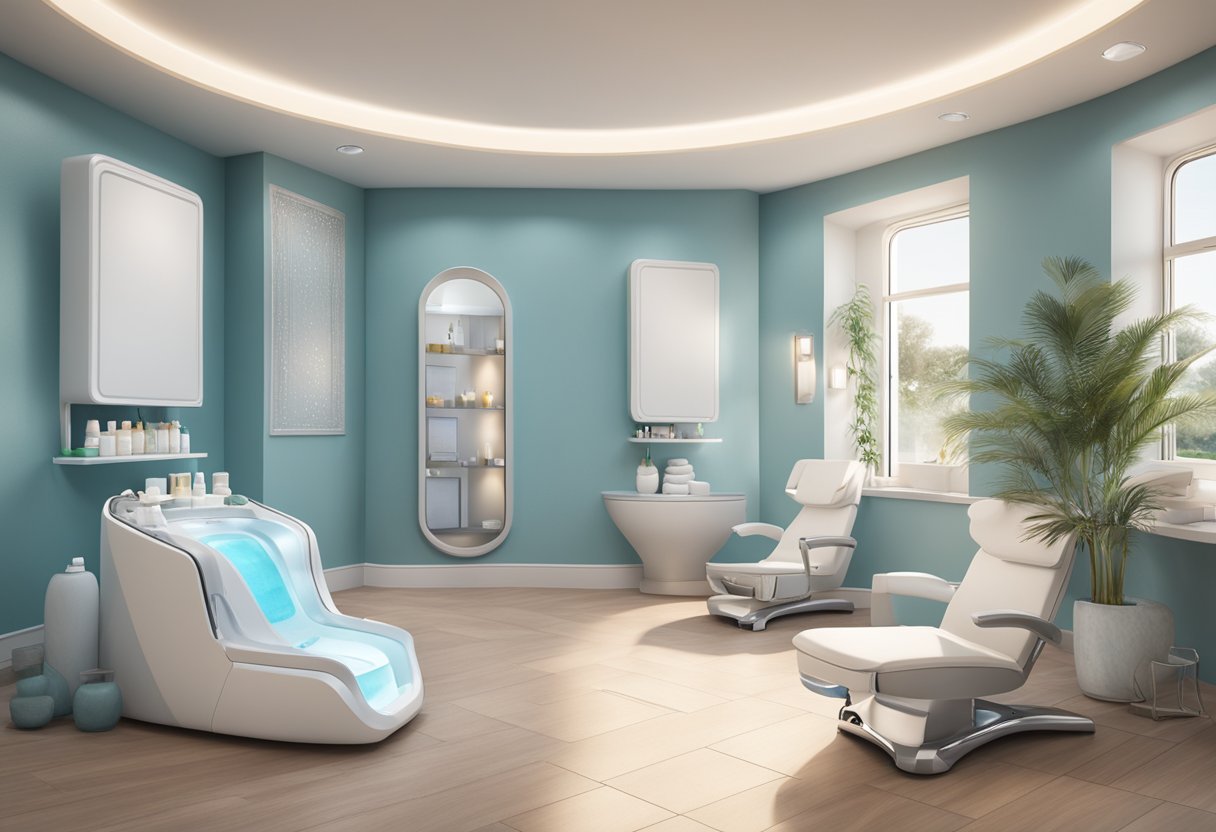 A serene spa setting with a HydraFacial machine surrounded by skincare products and a relaxing atmosphere