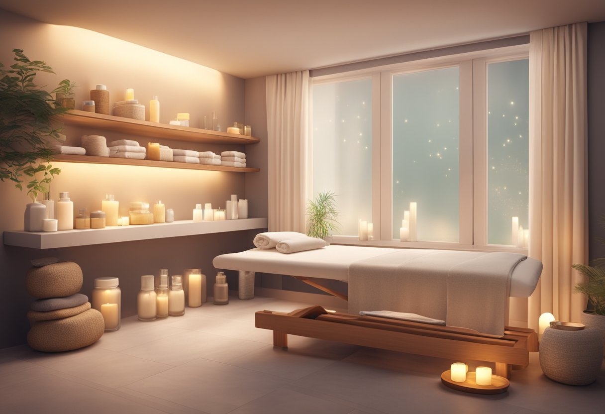 A serene spa room with a comfortable treatment bed, soft lighting, and shelves of skincare products. A calming atmosphere with a focus on relaxation and rejuvenation