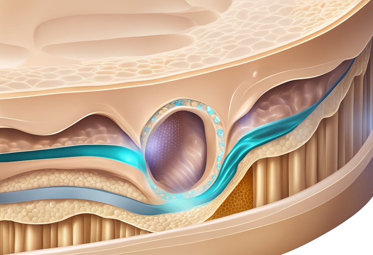 A close-up illustration of a Morpheus8 device emitting radiofrequency energy into the skin, with cross-section showing collagen remodeling and skin tightening