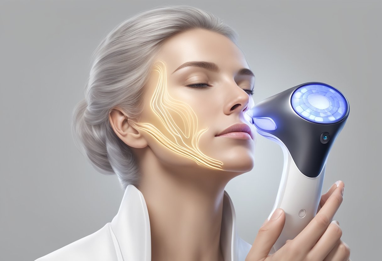 A close-up illustration of a Morpheus8 treatment device in action, emitting radiofrequency energy into the skin to stimulate collagen production and tighten tissue