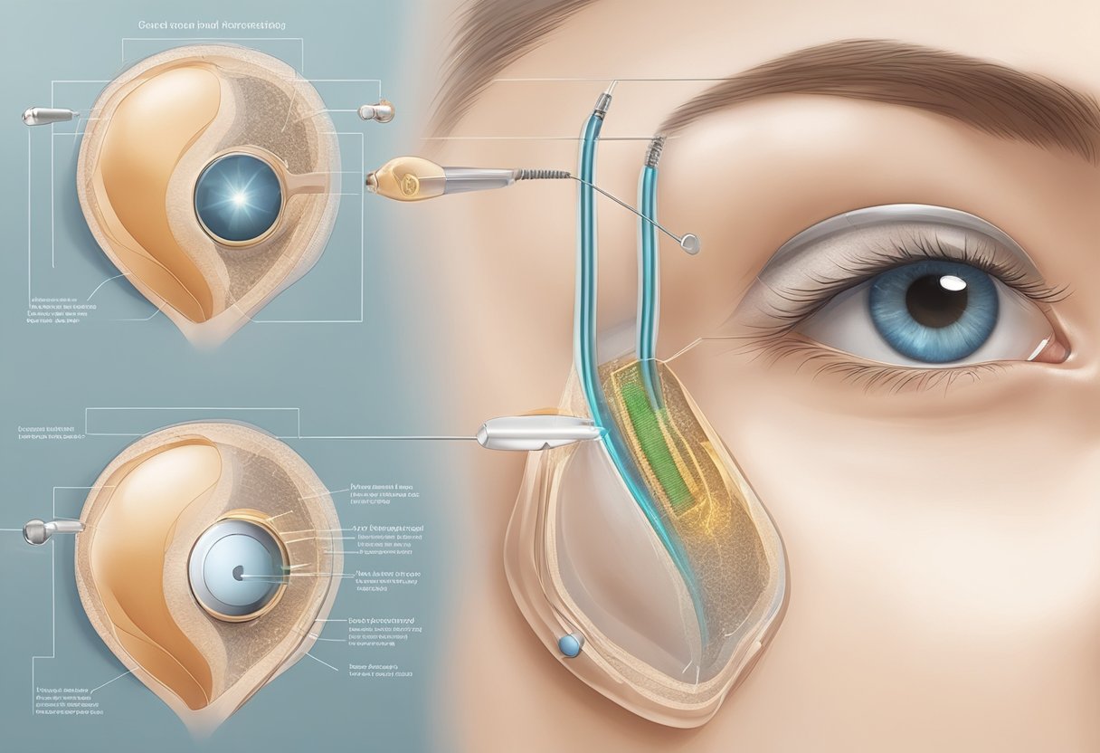 A close-up illustration of a Morpheus8 device emitting radiofrequency energy onto a skin surface, with surrounding treatment areas and application process