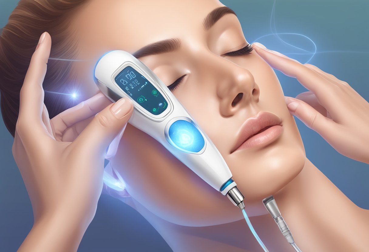 A close-up illustration of Morpheus8 device emitting radiofrequency energy into the skin, with surrounding cosmetic treatments in the background