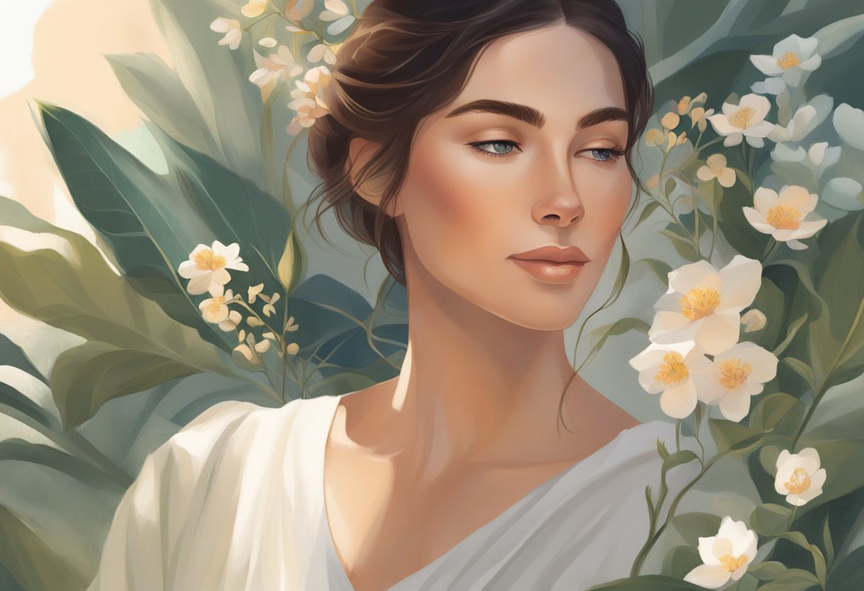 A serene woman's face basks in a soft, ethereal glow, surrounded by botanicals and gentle light, evoking a sense of rejuvenation and vitality