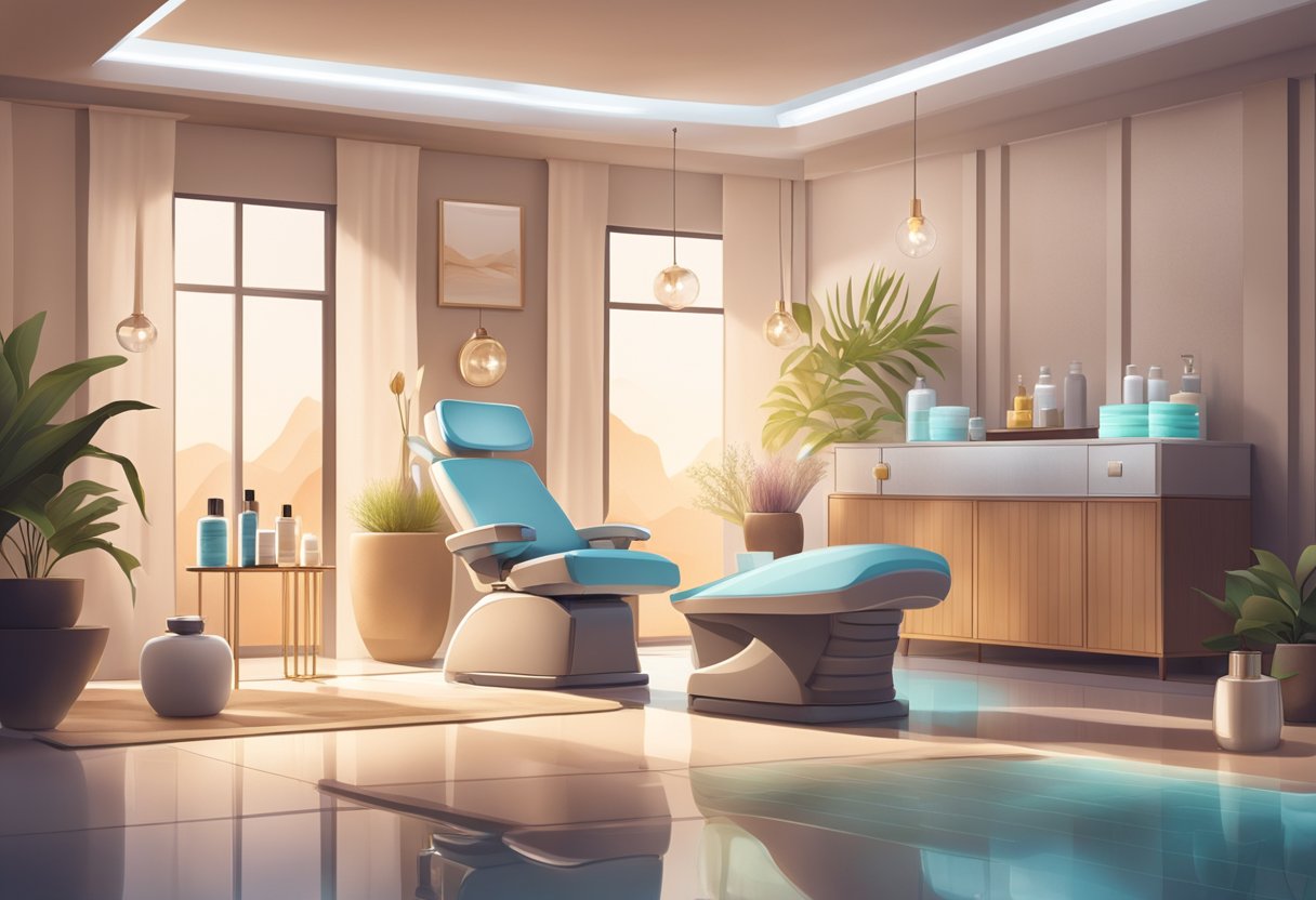 A serene, spa-like setting with soft lighting and a comfortable treatment chair surrounded by luxurious skincare products and equipment