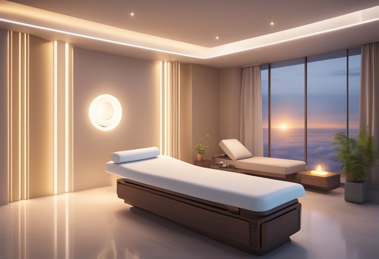 A serene spa room with soft lighting and a comfortable treatment bed. A Morpheus machine sits nearby, emitting gentle warmth. The atmosphere is peaceful and inviting