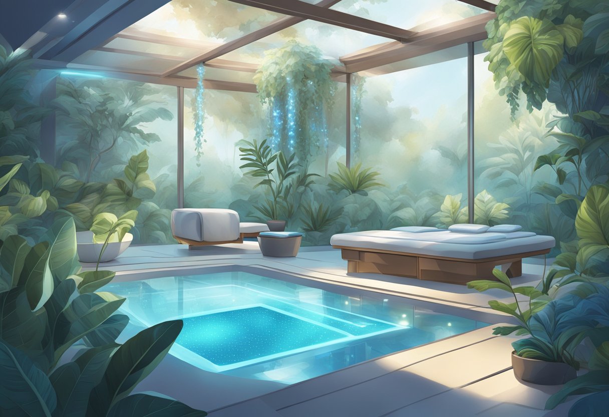 A serene spa-like setting with a futuristic-looking machine emitting a soft blue light, surrounded by botanicals and calming decor