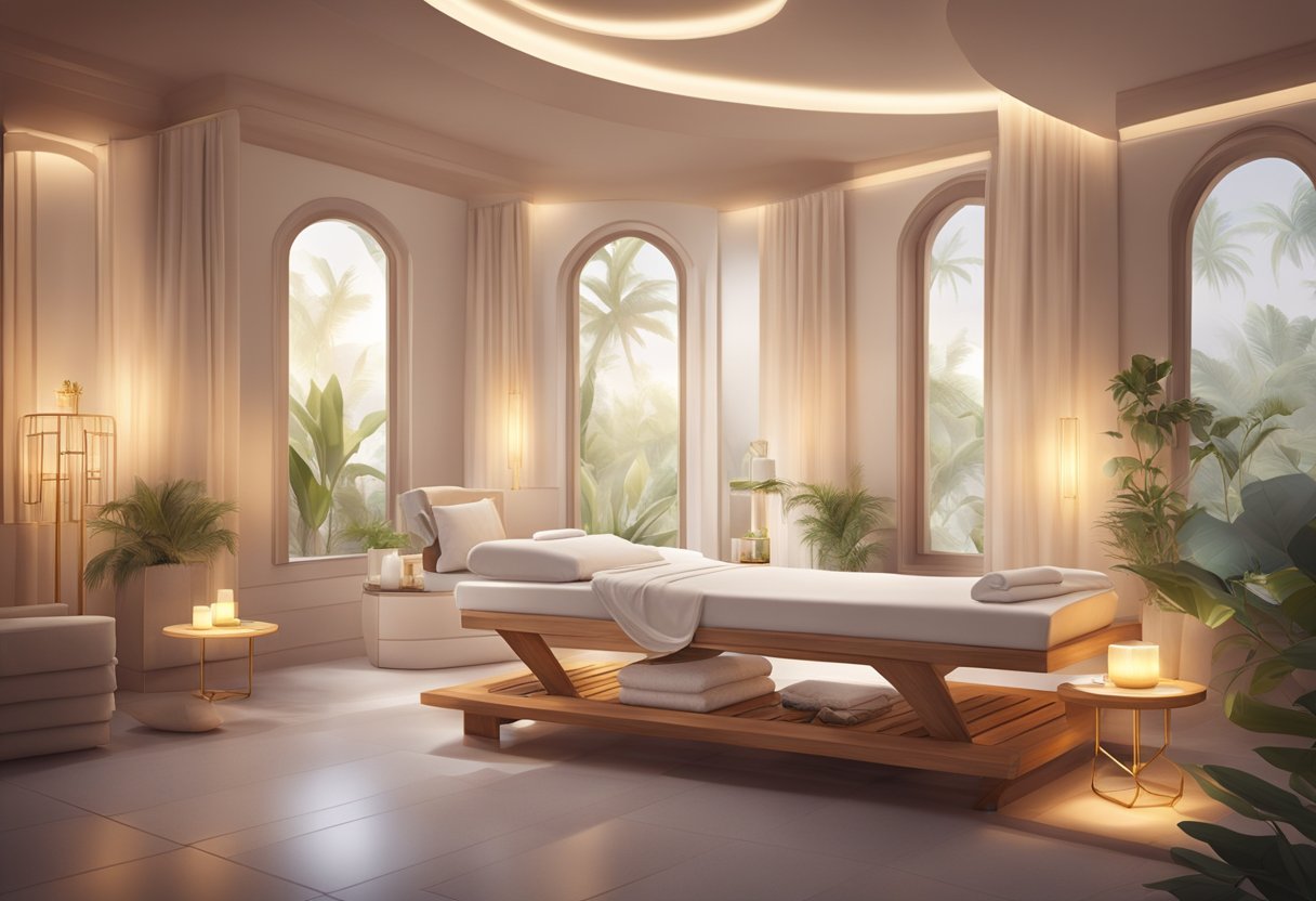 A serene spa setting with a luxurious treatment bed surrounded by soft lighting and calming decor