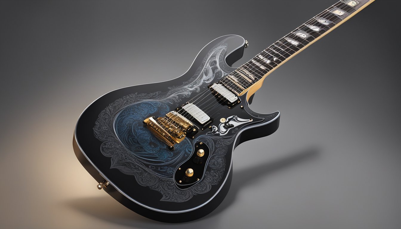 A stage with a spotlight shining on a black ESP signature guitar with skull inlays