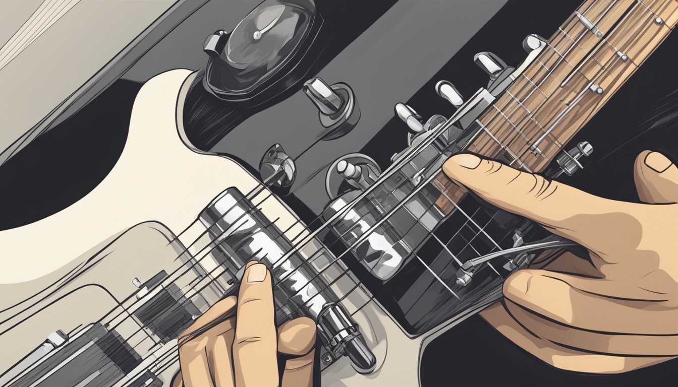 A guitar being carefully tuned with a tuner, the musician's fingers adjusting the pegs to achieve the perfect pitch