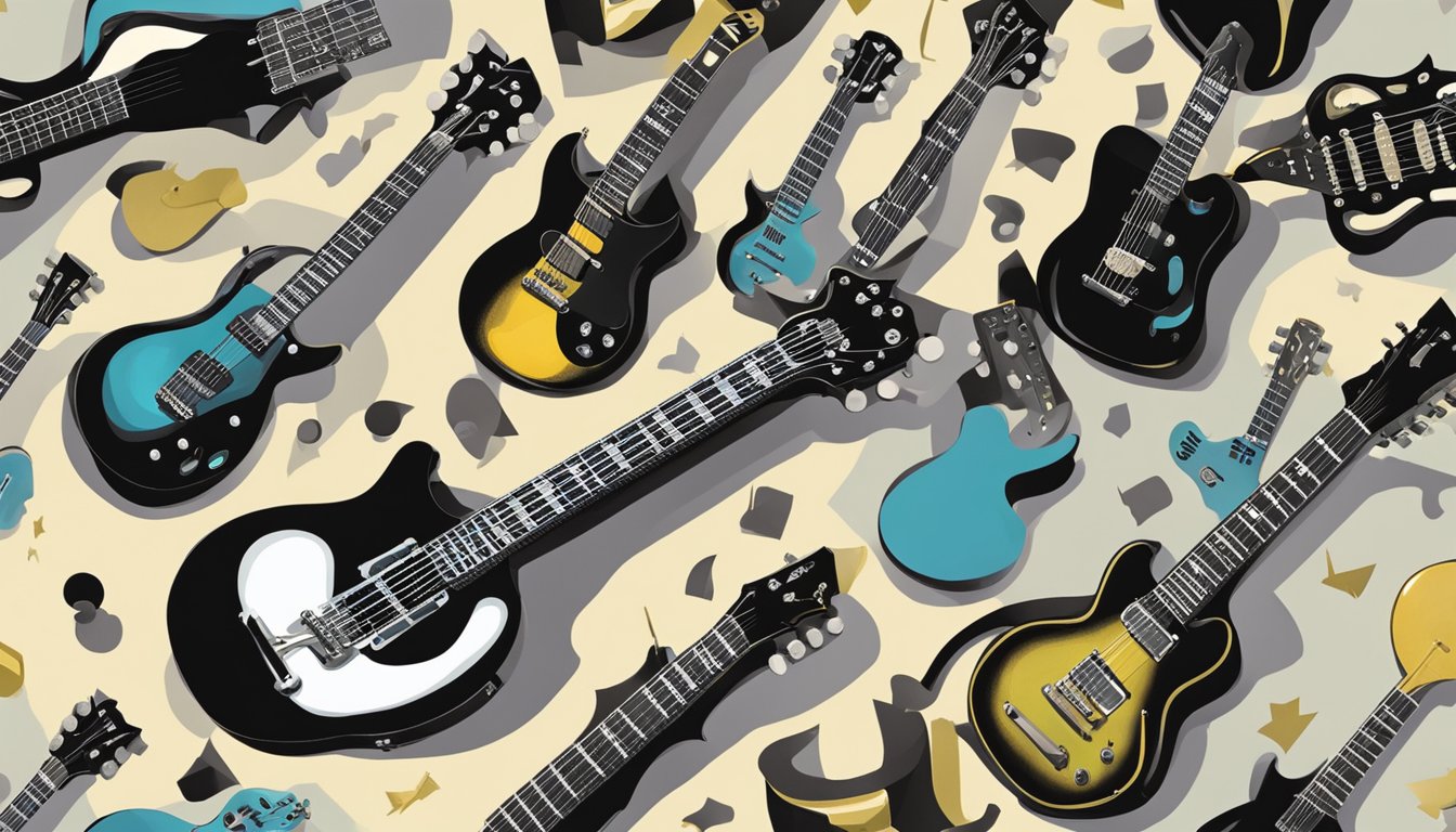 Kirk Hammett's guitar surrounded by question marks and a spotlight